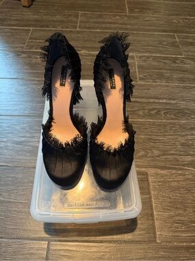 Thakoon Black Satin Lace Fringe Pumps